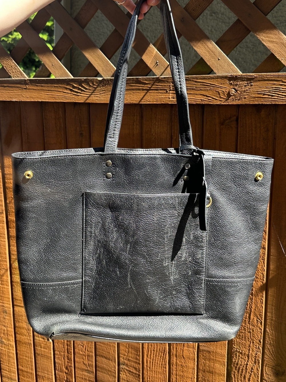 J. Crew Black Leather Tote with Front Slip Pocket
